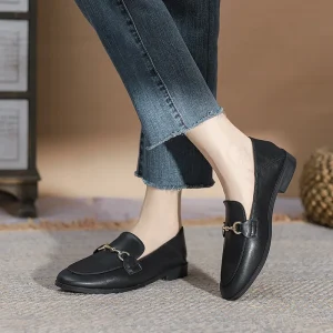 Women’s British Style High Heel Horse Mounted Loafers Slip-On Small Leather Shoes Toe Flats for Work Style