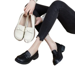 Women’s British Style One Step Work Shoes Thick Soled Loafers in Black Soft Comfortable