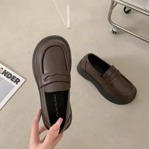 Women’s British Style PU Leather Work Shoes Black Long Standing Not Tired Foot One Pedal Loafers with Toe Summer Thick Bottom JK
