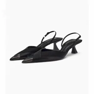 Women’s Brown Ankle Strap Mule Shoes Autumn Fashion Thin Heels 3cm Hard-Wearing Cross Pointed Toe Office Low-Heel Pumps Slip-On