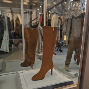 Women’s Brown Knee High Elastic Velvet Boots Pointed Toe High Heel Side Zipper Closure Metal Buckle Autumn Winter