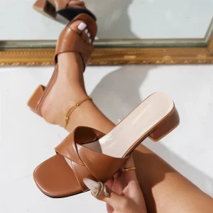 Women’s Brown Leather Cross Strap Heeled Mules Comfortable Square Heel Slides For Summer Office Wear