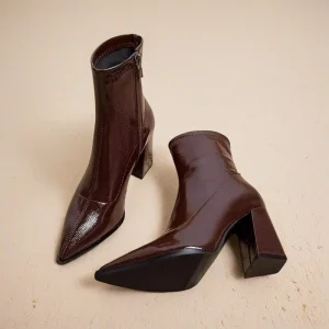 Women’s Brown Leather Pointed Toe Block High Heel Ankle Boots for Party Daily Wear