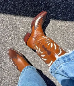 Women’s Brown Leather Western Cowboy Boots Thick Heels Mid Calf Custom Size 43