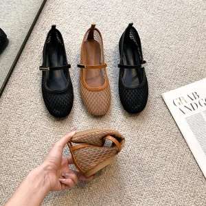 Women’s Brown Mesh Mary Jane Flats Breathable Hollow Out Faux Leather Strap Round Toe Casual Ballet Shoes for Summer