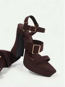 Women’s Brown Platform Sandals Pointed Toe Curved Hollow Block Heel Sandals with Dual Buckle Straps & Rivets