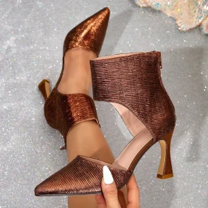 Women’s Brown Slip-On High Heels Mules Zipper Single Shoes with Open Back Counter Fashion Stiletto Pointed Toe for Summer