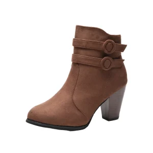 Women’s Brown Suede Boots Thick Square Heel Short Tube Ankle Height Increasing Button Closure PU Lining