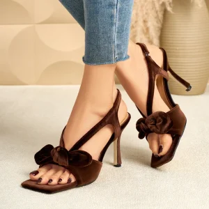 Women’s Brown Velvet Square Toe High Heel Sandals with Bow Slingback Dress Shoes
