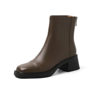 Women’s Brown Western Ankle Boots TPR Outsole 5.5cm Chunky Heel Square Toe Sheepskin Fleece Lined Zip Fashion Trend