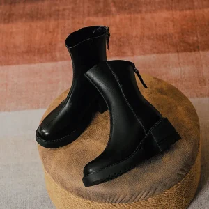 Women’s Brown Western Summer Thick Soled Zip Square Heel Mid Length Boots with Fashionable Classic Korean Design