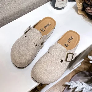 Women’s Buckle Mule Wool Mules Felt Clogs Adjustable Slip-on Cork Clogs Sandals Birken Slippers