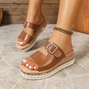 Women’s Buckle Platform Sandals Summer Slip On Open Toe Wedge Beach Shoes Lightweight Slippers