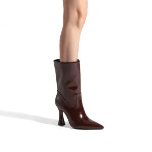 Women’s Burgundy Mid Calf Boots Pointed Toe Flared Heel Booties Glossy Leather Dress Boots for Office and Party