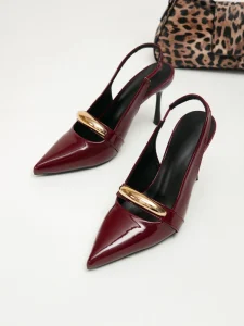 Women’s Burgundy Mules Heels Slingback Pumps Pointed Toe Stiletto Kitten Heel Gold Metal Ring Party Wedding Shoes