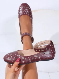 Women’s Burgundy PU Ballet Flats with Rivets & Ankle Strap Casual Round Toe Flat Shoes