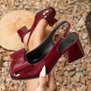 Women’s Burgundy Patent Leather Heeled Sandals Large Bow Decor Block Heel Slingback Square Toe for Office Daily
