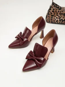 Women’s Burgundy Pointed Toe Pumps Bow Heels Side Cutout Stiletto Heel Elegant Retro Office Party Shoes Mule Heel