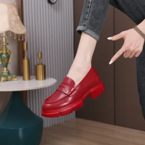 Women’s Business Office Sheepskin High Heels Loafers Comfortable Brick Red Casual Shoes Soft Slip On Design