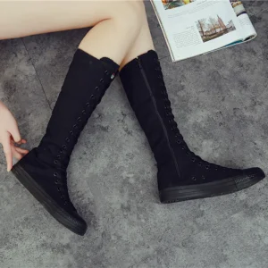 Women’s Canvas Boots Long Boots Zip Shoes White Flats Platform High Top Lace Up Zipper Comfortable Vulcanize Sneakers