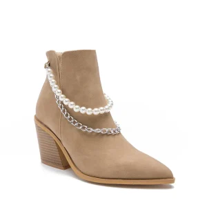 Women’s Casual Ankle Boots 8cm Chunky Heel Pearl Chain Thick Rubber PU Sole Waterproof Pointed Toe Walk Short Style