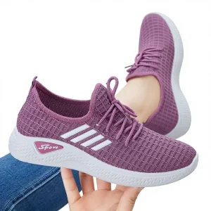 Women’s Casual Breathable Running Shoes Summer Low top Lace up Mesh Fabric Lightweight Flat Heel White Shoes