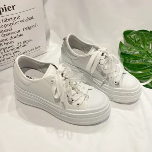 Women’s Casual Chunky Canvas Sneakers with Pearls Comfortable Stylish Lace-Up Vulcanized Platform Shoes Thick Sole