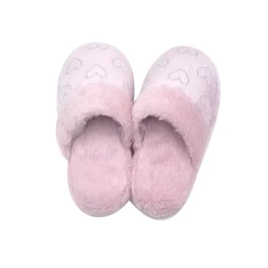 Women’s Casual Fluffy Fur Slippers Home Slippers with Pink Rhinestone Heart Decoration Cute Closed Toe Womens Slippers