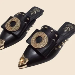 Women’s Casual Half Open toe Flat Heeled Mule with Rhinestones Rivets Breathable Lightweight Outdoor Wear