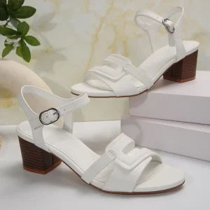 Women’s Casual High Heel Sandals Simple Solid Color Round toe Dress Shopping Shoes with Hollow Ankle Strap for Summer