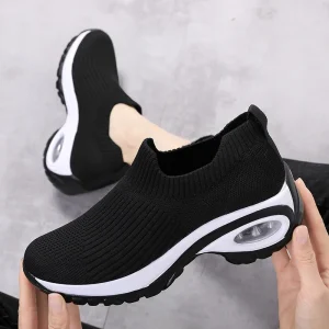 Women’s Casual Joker Summer Fabric Air Cushion Shock Absorption Running Shoes Flying Weaving Breathable Lazy Shoes Slip-On