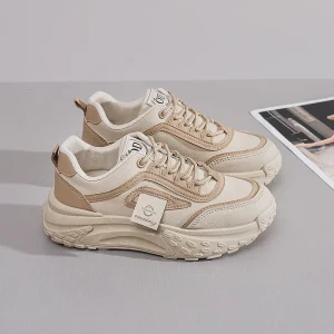 Women’s Casual Korean Version White Sneakers Thick Soled Lace Up Chunky Shoes for Autumn Height Increasing Street Style