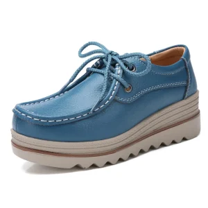 Women’s Casual Leather Slip On Shoes Light Weight Waterproof Height Increasing Platform Anti-Slippery Loafer Thick Sole