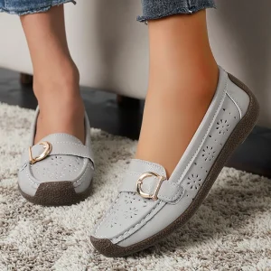 Women’s Casual Loafers Slip-On Flat Shoes Soft Hollow Large Size Solid Pattern Comfortable Soft Surface Moccasins for Mom