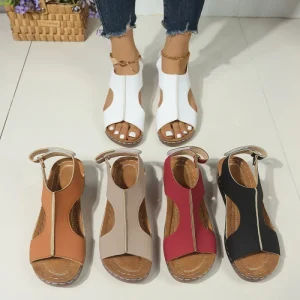 Women’s Casual Open Toe Summer Sandals Large Size Elastic Strap Sewn Hollow Slope Heel Spring Autumn Breathable Outdoor Sandals