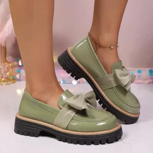 Women’s Casual Retro British Style Black Patent Leather Toe Loafers Comfortable Breathable Soft Oxfords Green Fashion Trend