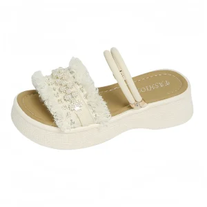 Women’s Casual Sandals Pearl Rhinestone Decor Platform Chunky Open Toe Ankle Strap Summer Beach Sandals