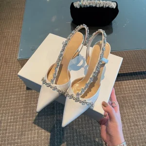 Women’s Casual Sexy Stiletto Heels Summer Single Shoes Rhinestones High Heeled Pointed Toe Open Outdoor