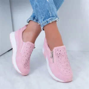 Women’s Casual Sneakers With Rhinestone Thick Bottom Side Zipper Heightening Shoe for Women