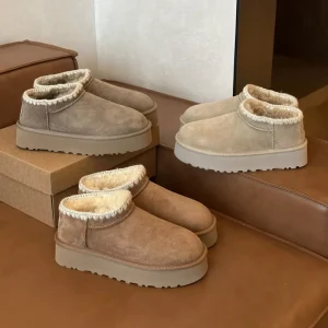 Women’s Casual Thick Soled Ankle Boots Short Tube Wool Genuine Leather with Fleece Cotton Padded Booties Sheepskin Snow Boots