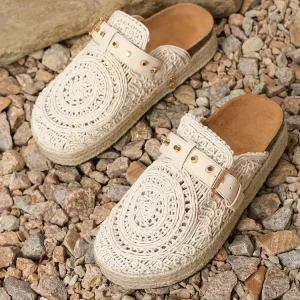 Women’s Casual Vacation Style Lace Up Slip On Mules Flat Sole Embroidered Clogs for Vacations & Casual Outings
