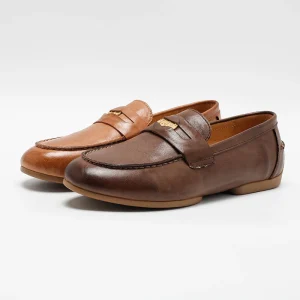 Women’s Casual Vintage Distressed Gold Buckle Penny Loafer Flats Upper Rubber Outsole Lightweight Comfort Genuine Leather