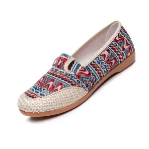 Women’s Casual Walking Canvas Sneaker Print Flat Sandals Ethnic Style Leopard Pattern Slip On Home Loafer Ladies Shoes