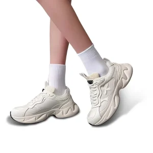 Women’s Casual Walking Shoes Sneakers with Genuine Leather Upper White Color Lace-up Rubber Outsole