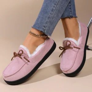 Women’s Casual Cross Border Furry Loafers Fully Enclosed Winter Wear with Bowknot Toe for Home and Outdoor Warm Slippers