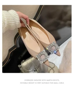 Women’s Casual Wedding Party Shoes Pointed Flat Shoes with Rhinestone Slide Cover Soft Summer Style