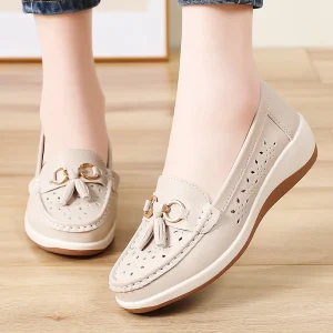 Women’s Casual Wedge Loafers Lightweight PU Upper Slip-On Shoes with Buckle Decoration for Daily Wear