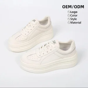 Women’s Casual White Sneakers Soft Split Leather Lace-Up Walking PU Midsole Anti-Slip Skateboarding Shoes All Seasons
