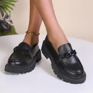 Women’s Chain Decor Chunky Loafers Thick Platform Slip On Casual Black Shoes