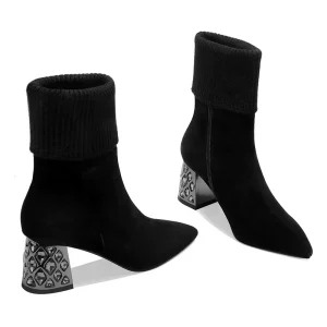 Women’s Chelsea Ankle Boots Pointed Toe Knitted Suede with Geometric Block Heel Winter Light